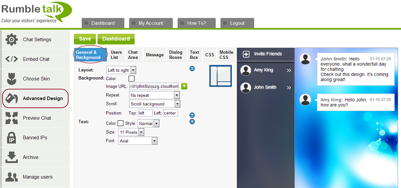 Admin panel chat box configuration