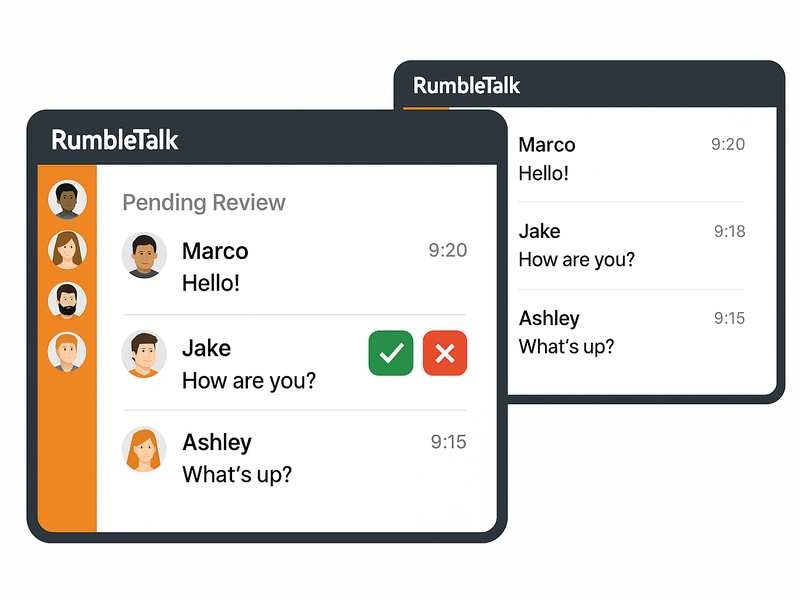 RumbleTalk moderated chat showing message approval queue with green checkmark and red X buttons