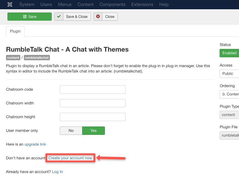 create account joomla plugin