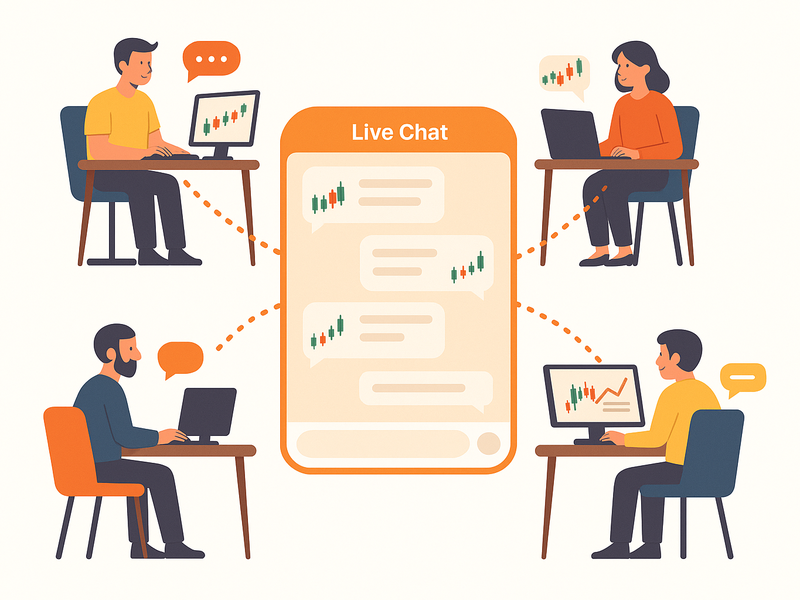 Trading community concept illustration showing traders connected through a chat hub with market data and discussion